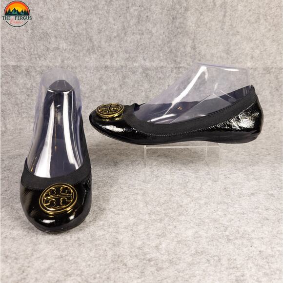 Tory Burch Caroline Ballet Flats Black Leather Round Toe Slip-On Women's Sz 7M - Picture 1 of 15